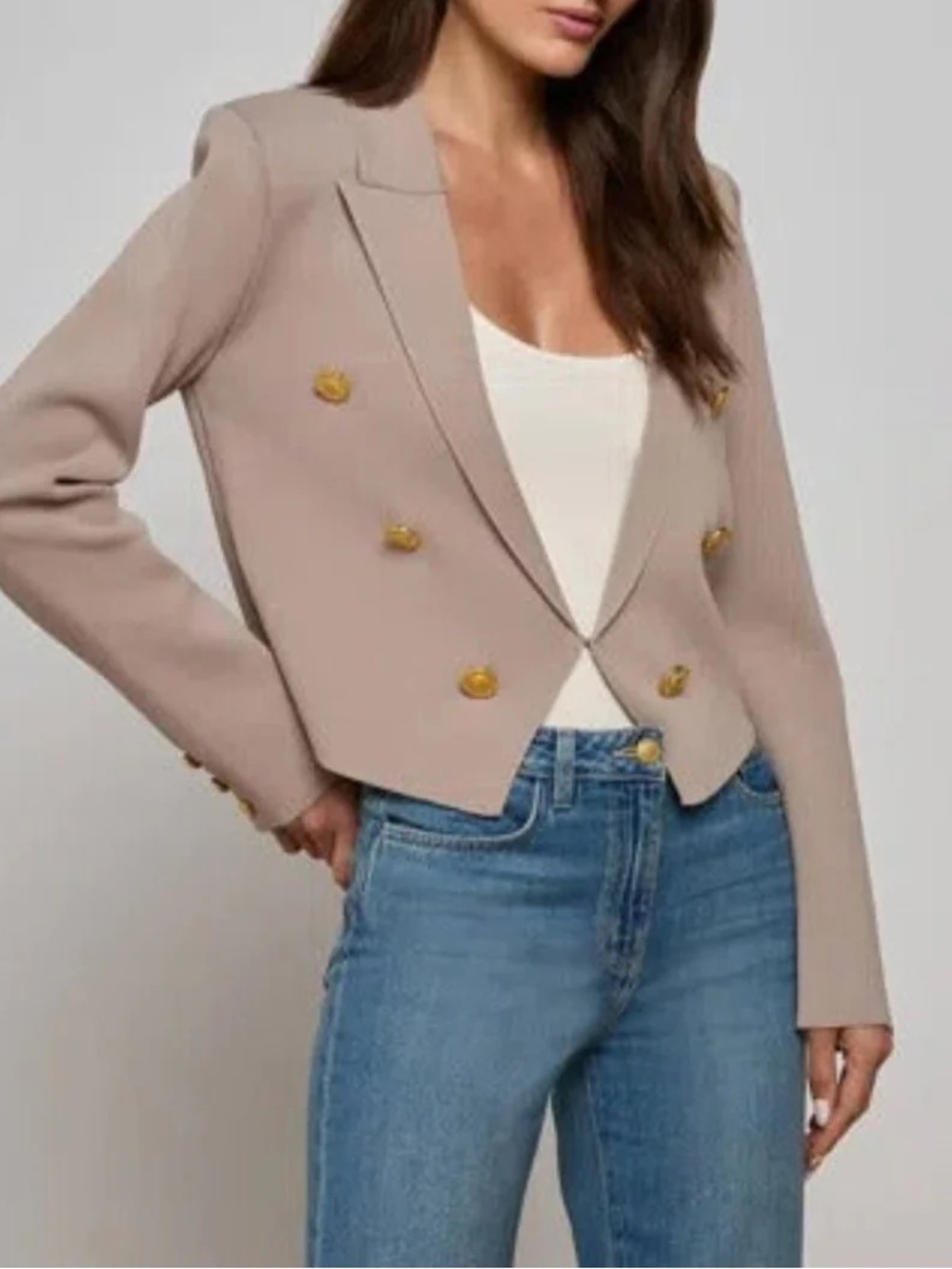 NWT L’Agence  Elio Crop Knit Blazer Pale Khaki Gold